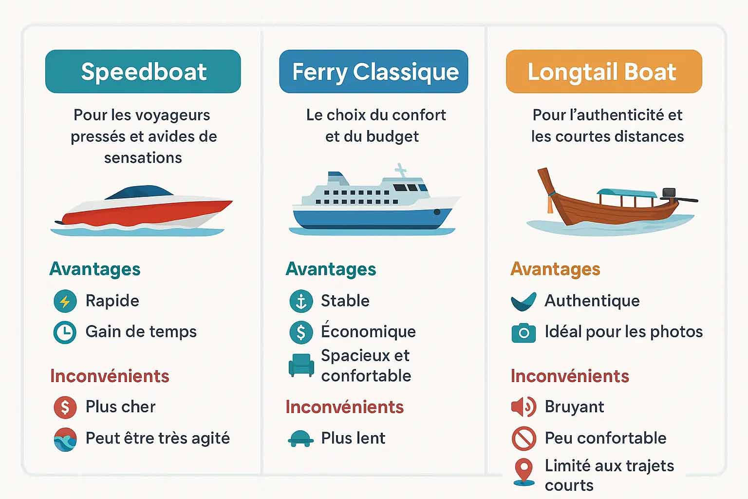 Comparaison des différents types de bateaux en Thaïlande