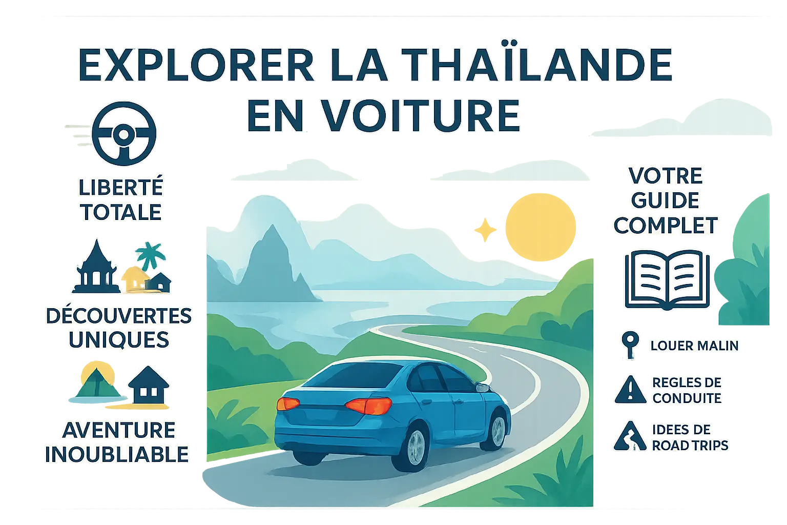Illustration d'une voiture sur une route panoramique en Thaïlande