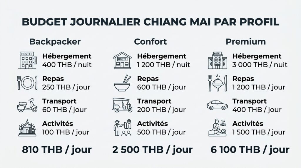 Budget journalier Chiang Mai par profil backpacker confort premium en THB
