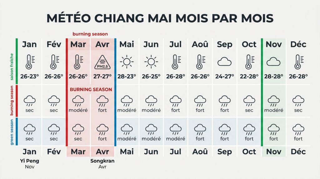 Infographie météo Chiang Mai mois par mois avec températures et saisons