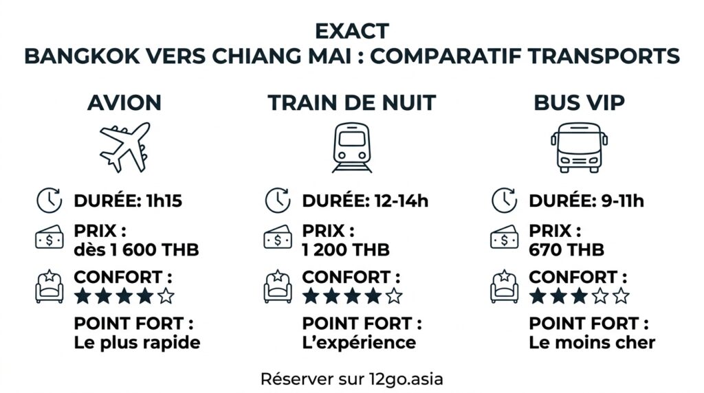 Comparatif transports Bangkok Chiang Mai avion train bus avec prix et durée