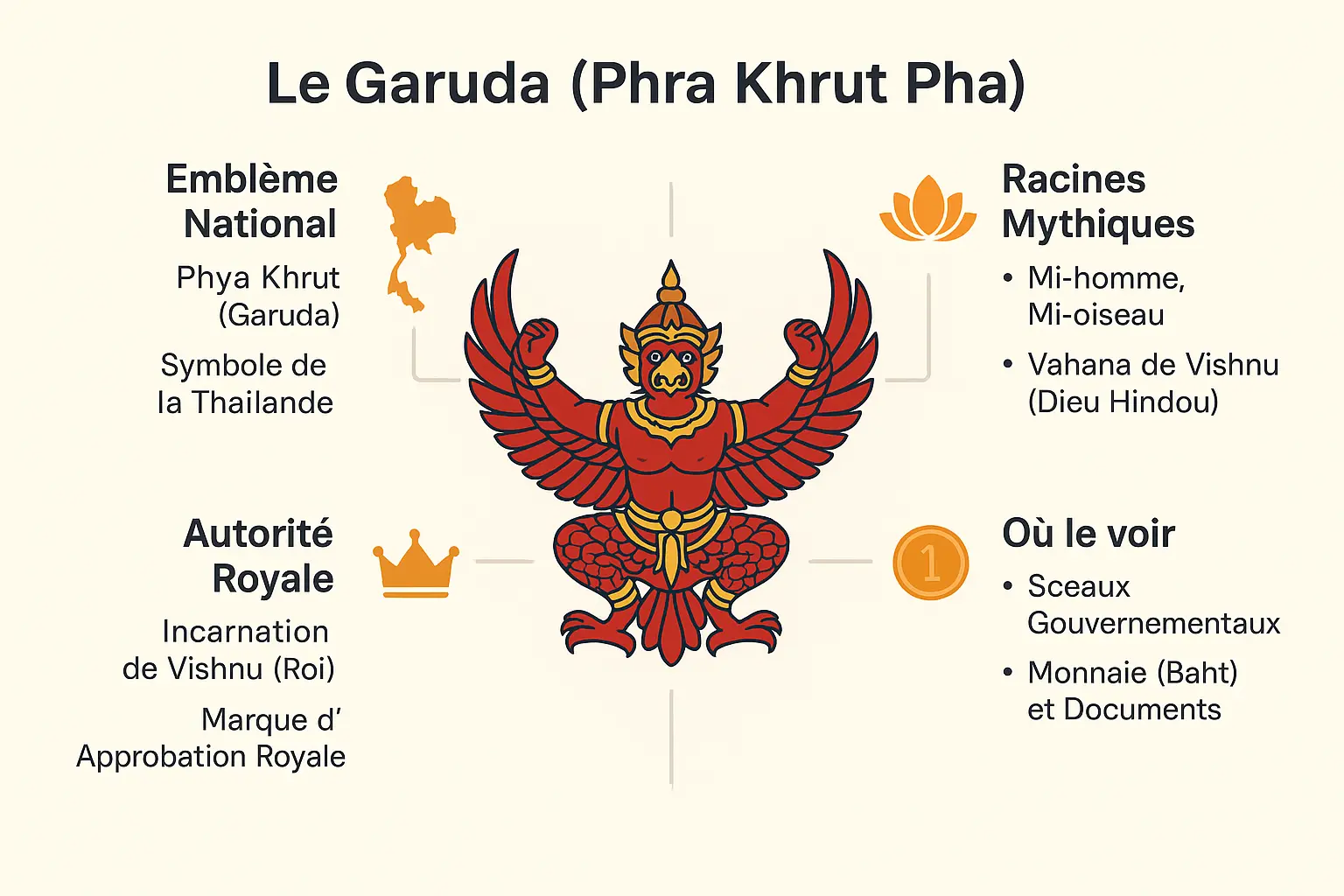 Représentation artistique du Garuda, créature mi-homme mi-oiseau avec un bec crochu, des ailes déployées et un corps vert, portant une couronne dorée