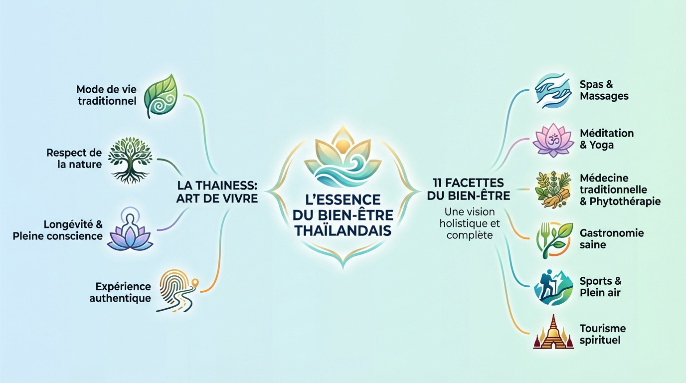 Infographie illustrant les piliers du bien-être thaïlandais : nature, tradition et spiritualité