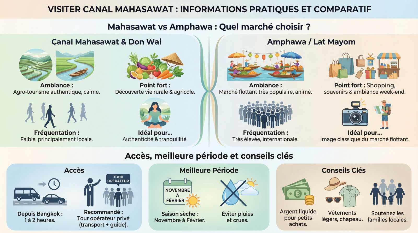 Comparatif entre le canal Mahasawat et le marché flottant d'Amphawa