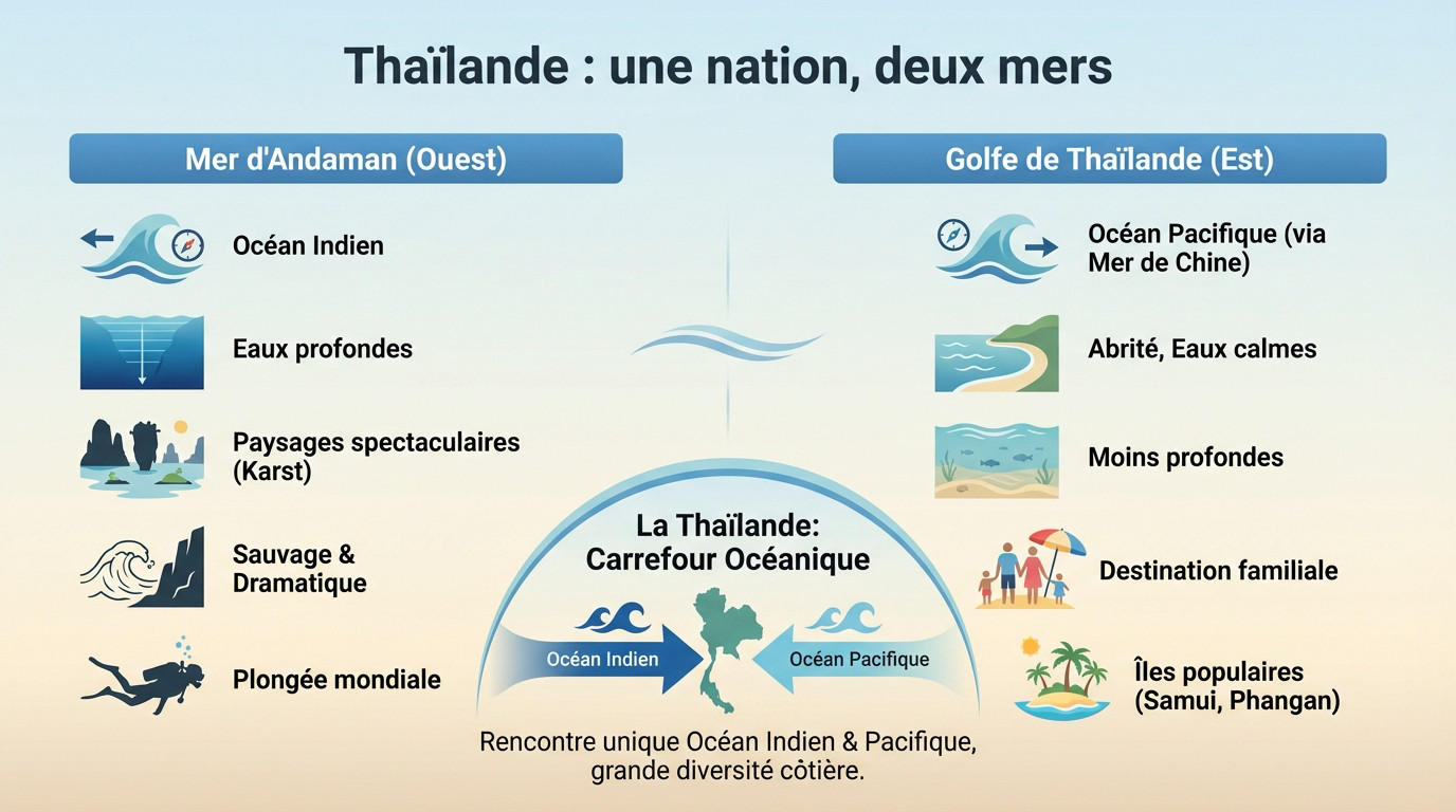 Carte géographique montrant la mer d'Andaman et le golfe de Thaïlande