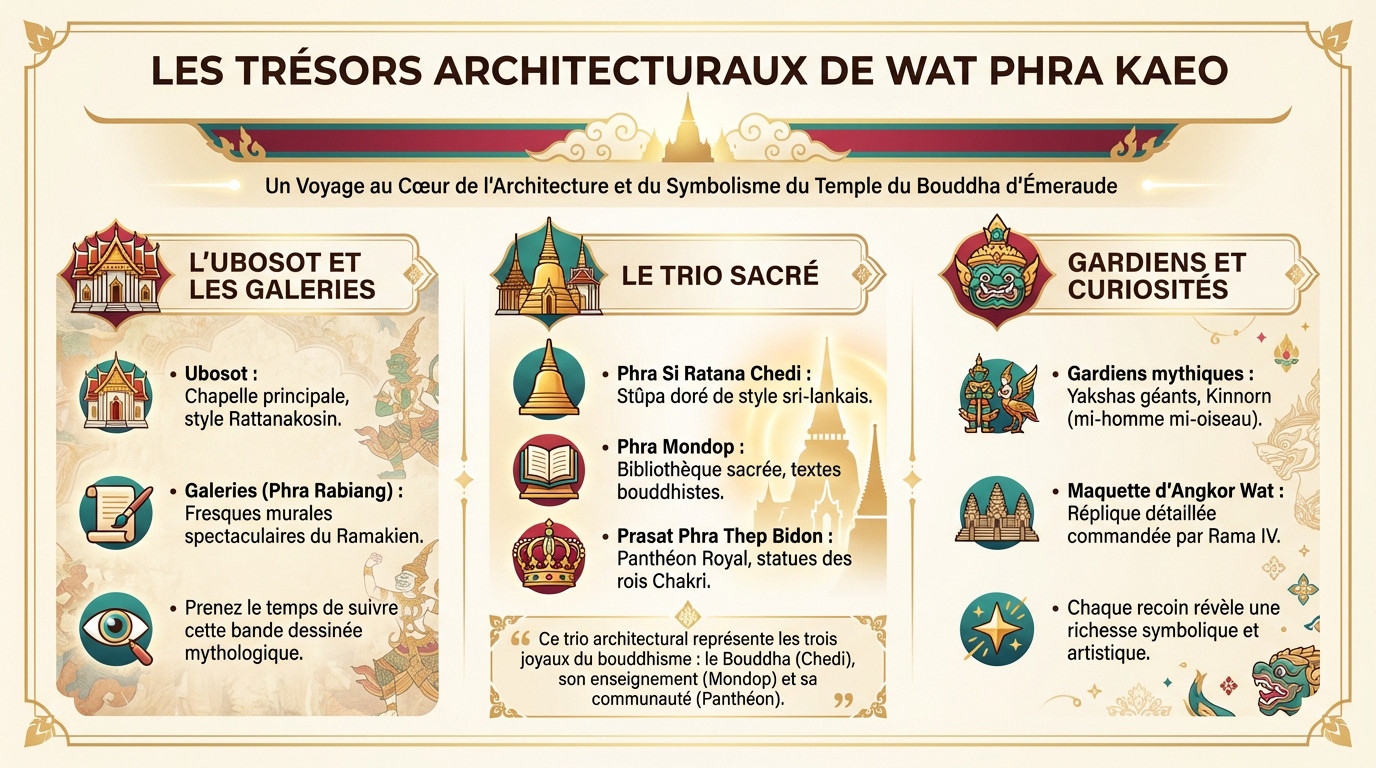Détails architecturaux dorés et mosaïques colorées des stupas du Wat Phra Kaeo