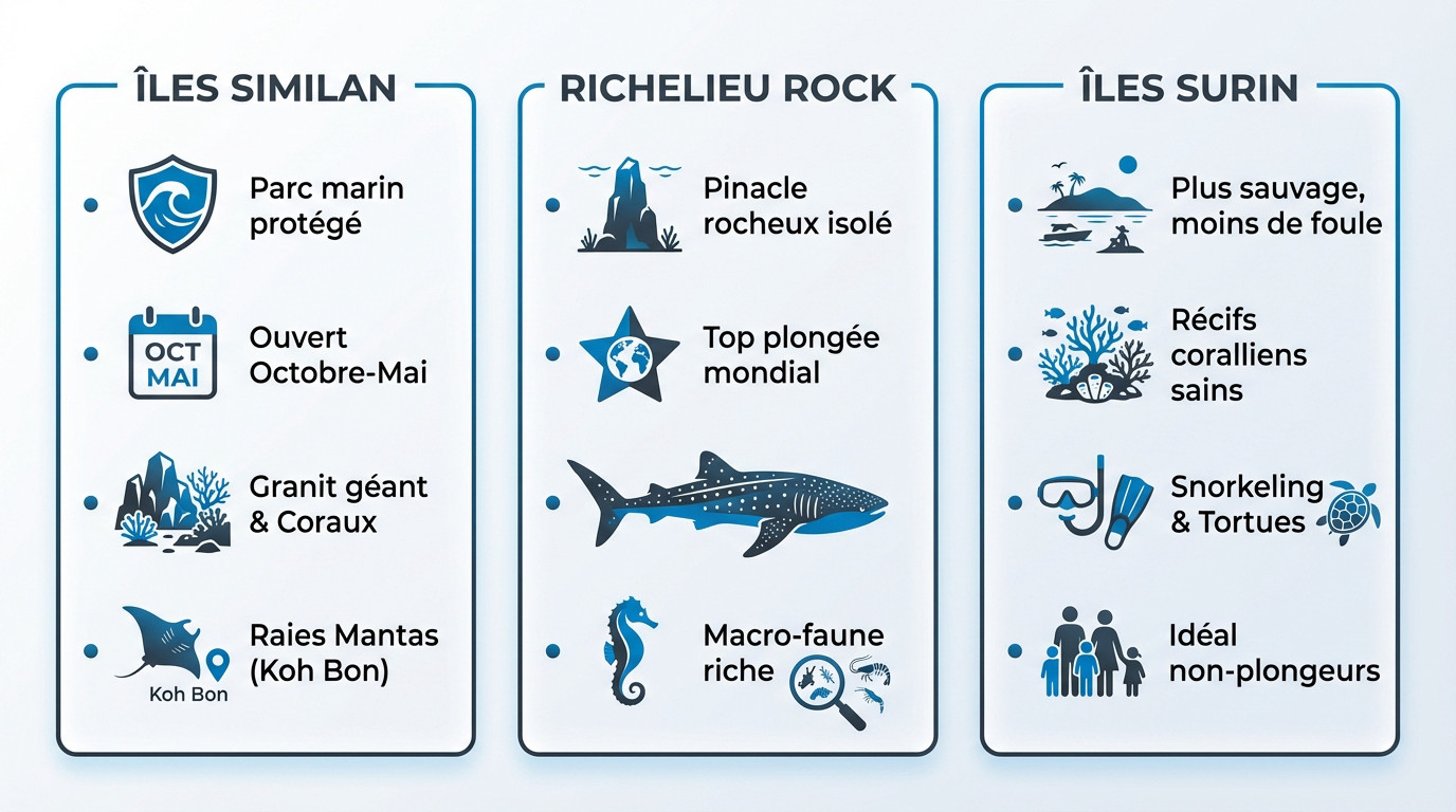 Infographie présentant les meilleurs spots de plongée en Thaïlande dont les îles Similan et Surin