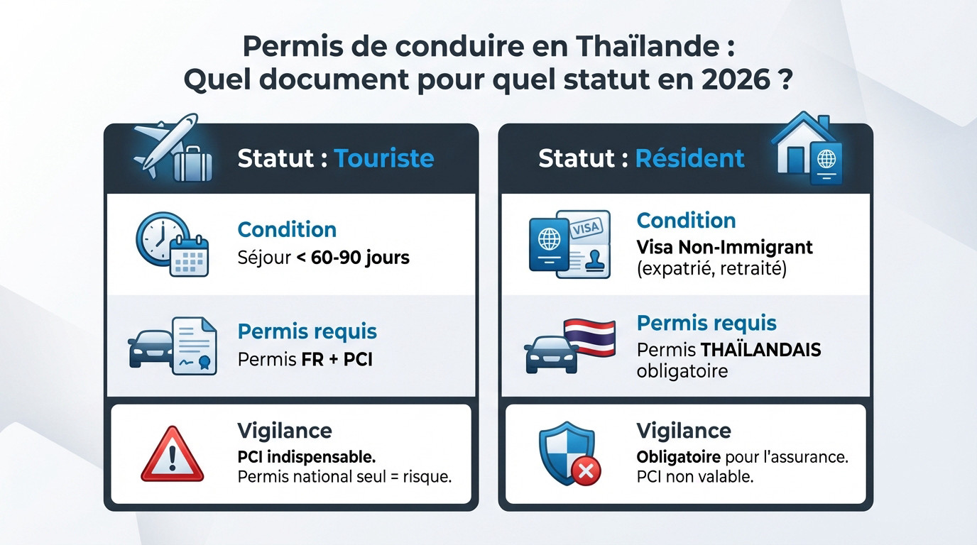Comparaison des obligations de permis de conduire en Thaïlande pour touristes et résidents en 2026