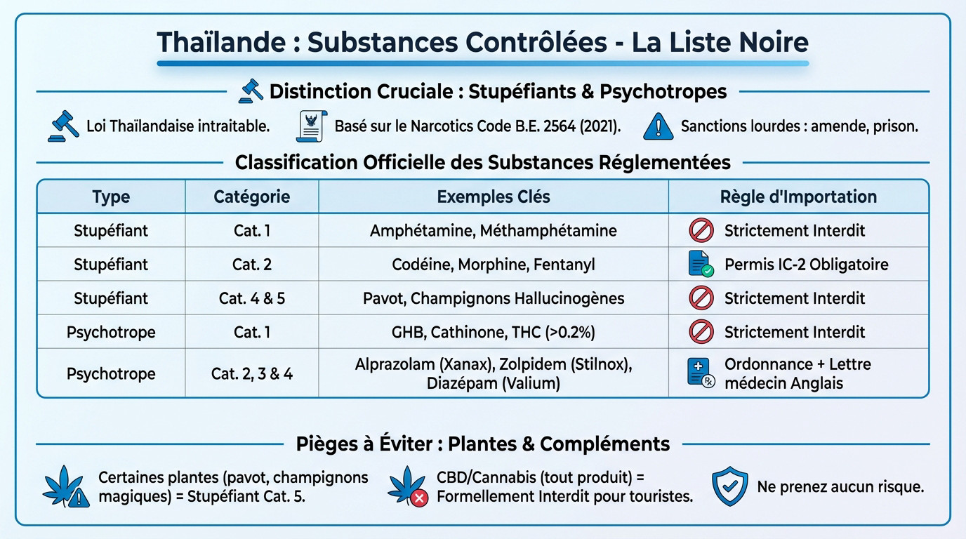 Tableau des substances et médicaments interdits ou contrôlés par la douane en Thaïlande