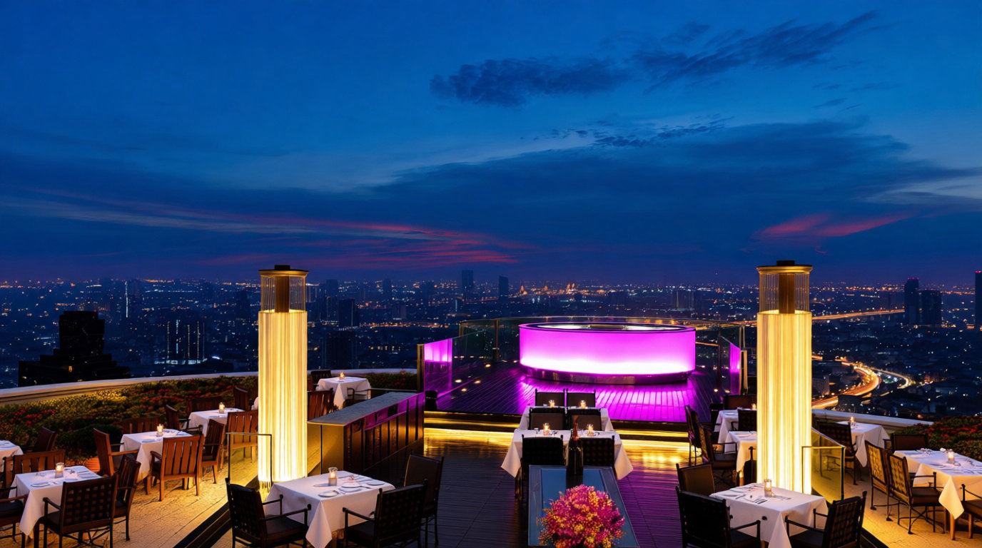 Rooftop bar de Bangkok au crépuscule