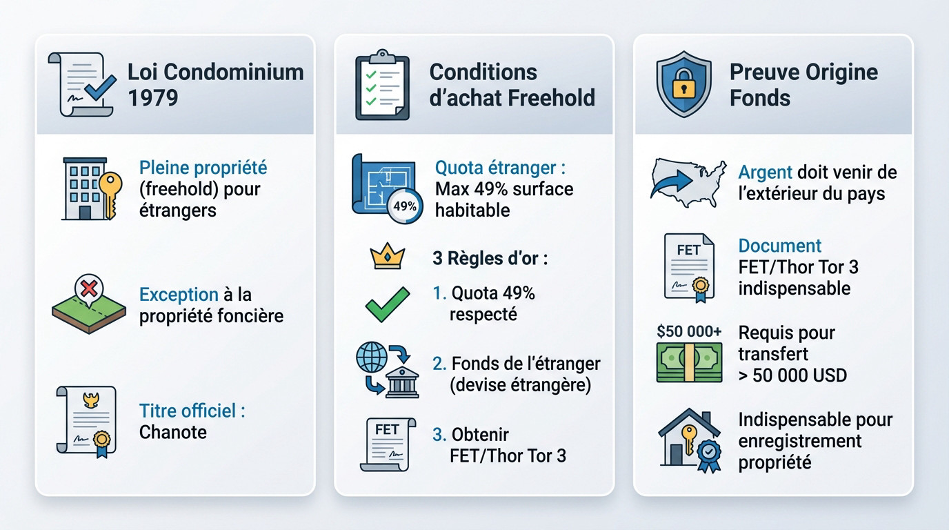 Schéma explicatif des conditions d'achat en freehold pour un étranger en Thaïlande : quota 49%, fonds étrangers et formulaire FET