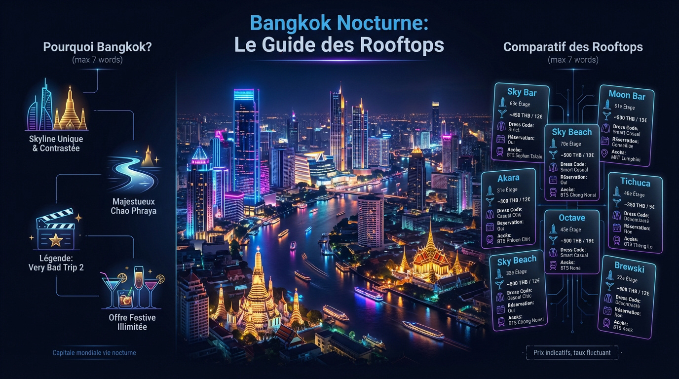 Vue nocturne imprenable sur les gratte-ciels de Bangkok depuis un bar en terrasse
