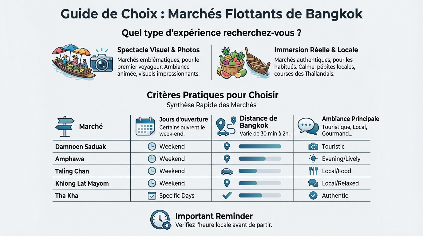 Comparatif visuel entre un marché flottant touristique très fréquenté et un marché local paisible à Bangkok