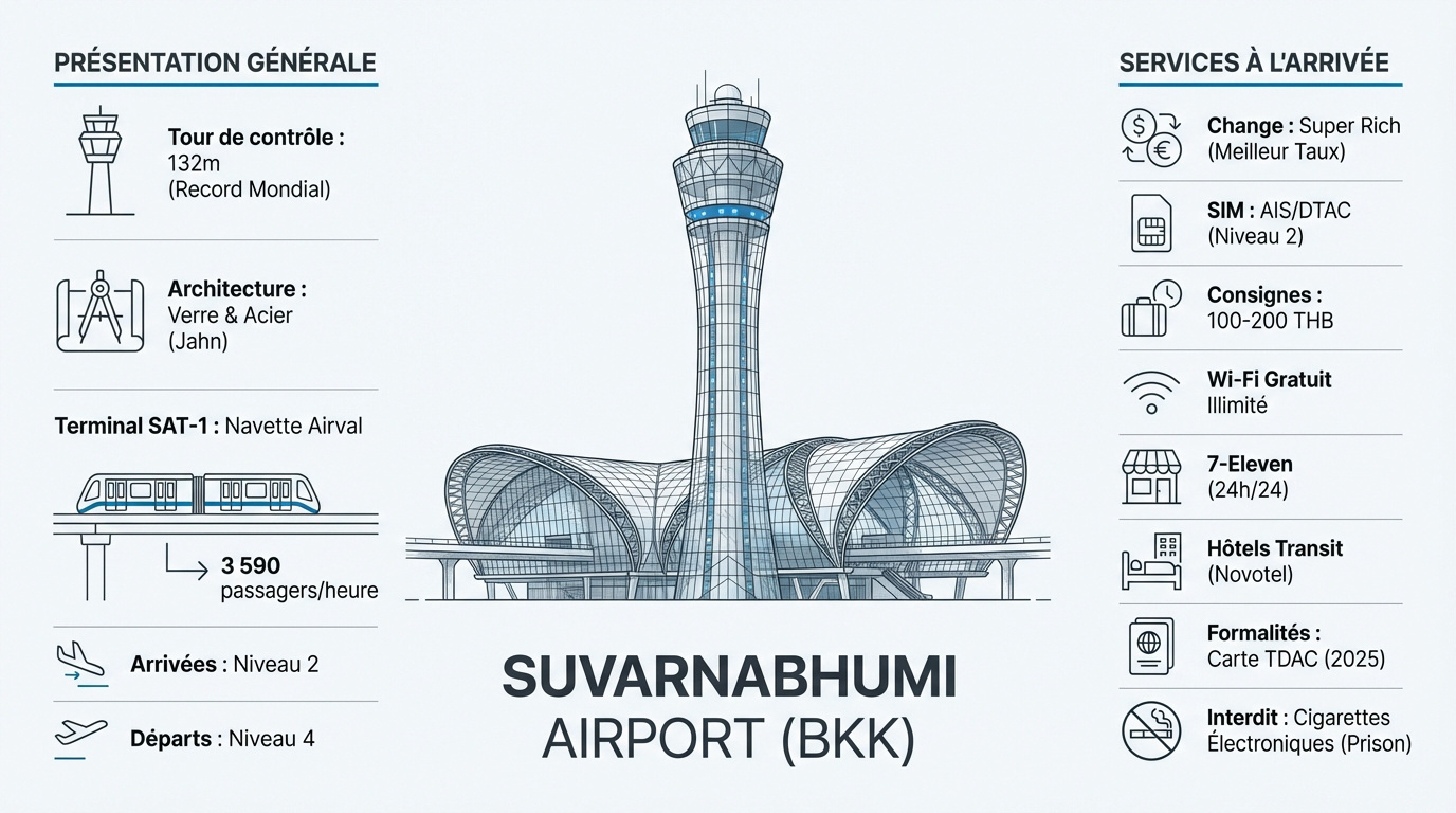 Infographie de l'aéroport Suvarnabhumi BKK avec les informations clés pour les voyageurs