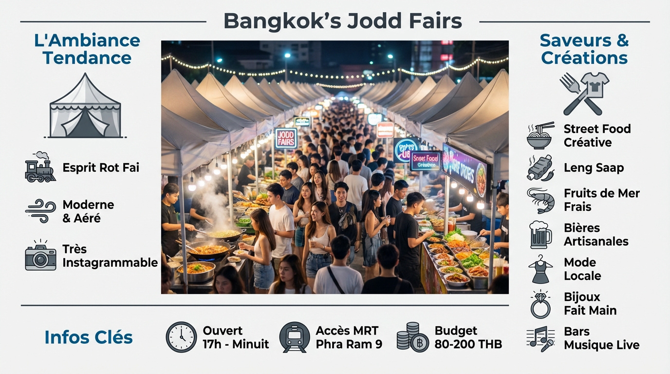 Stands illuminés et tentes blanches au marché de nuit Jodd Fairs à Bangkok