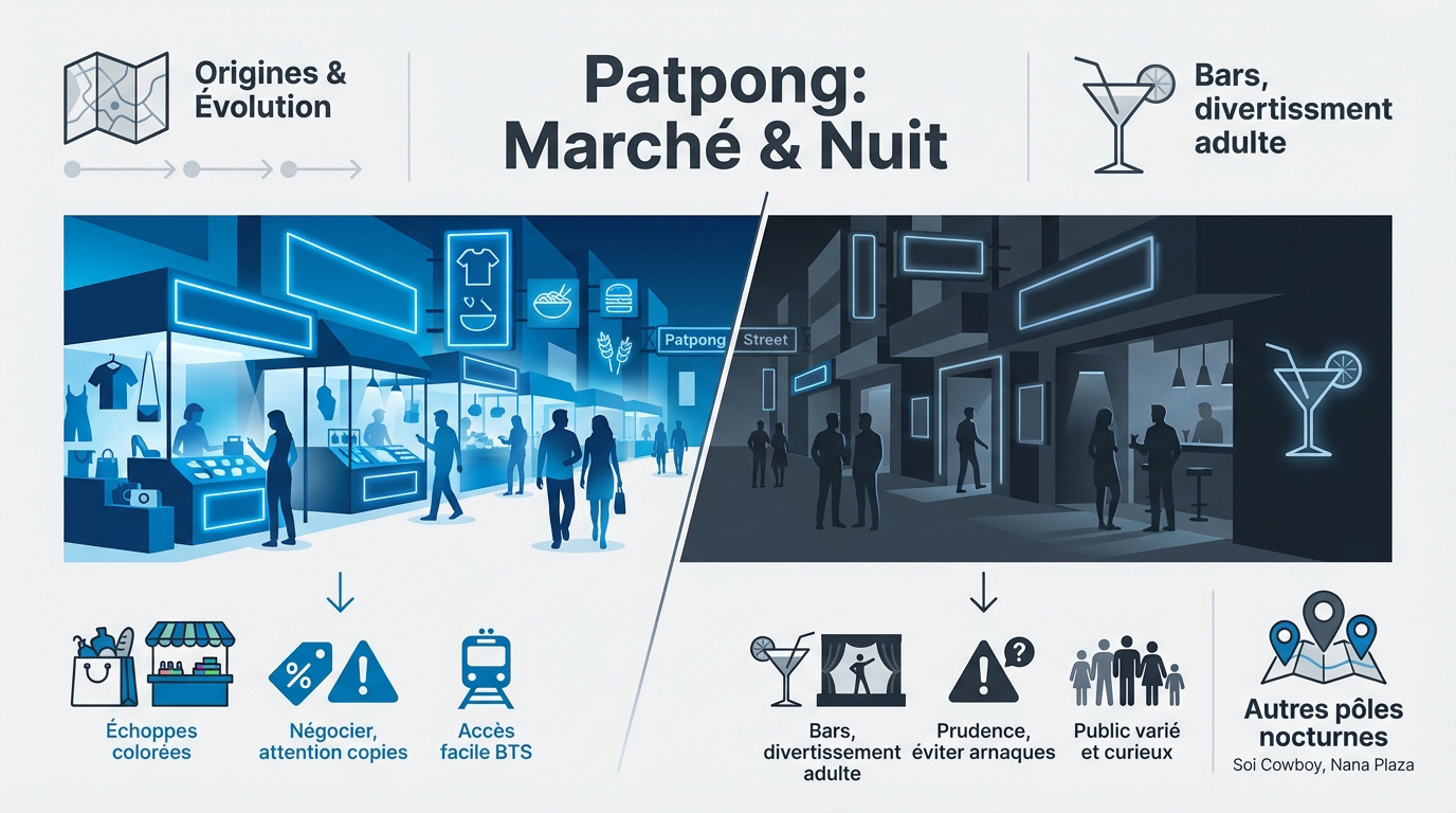 Infographie sur le marché de nuit et les bars de Patpong à Silom Bangkok