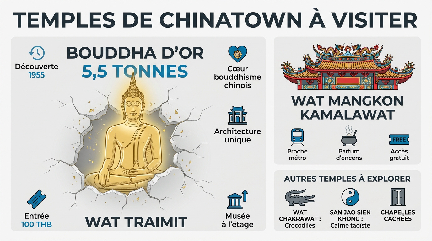 Statue du Bouddha d'or et temples emblématiques de Chinatown Bangkok