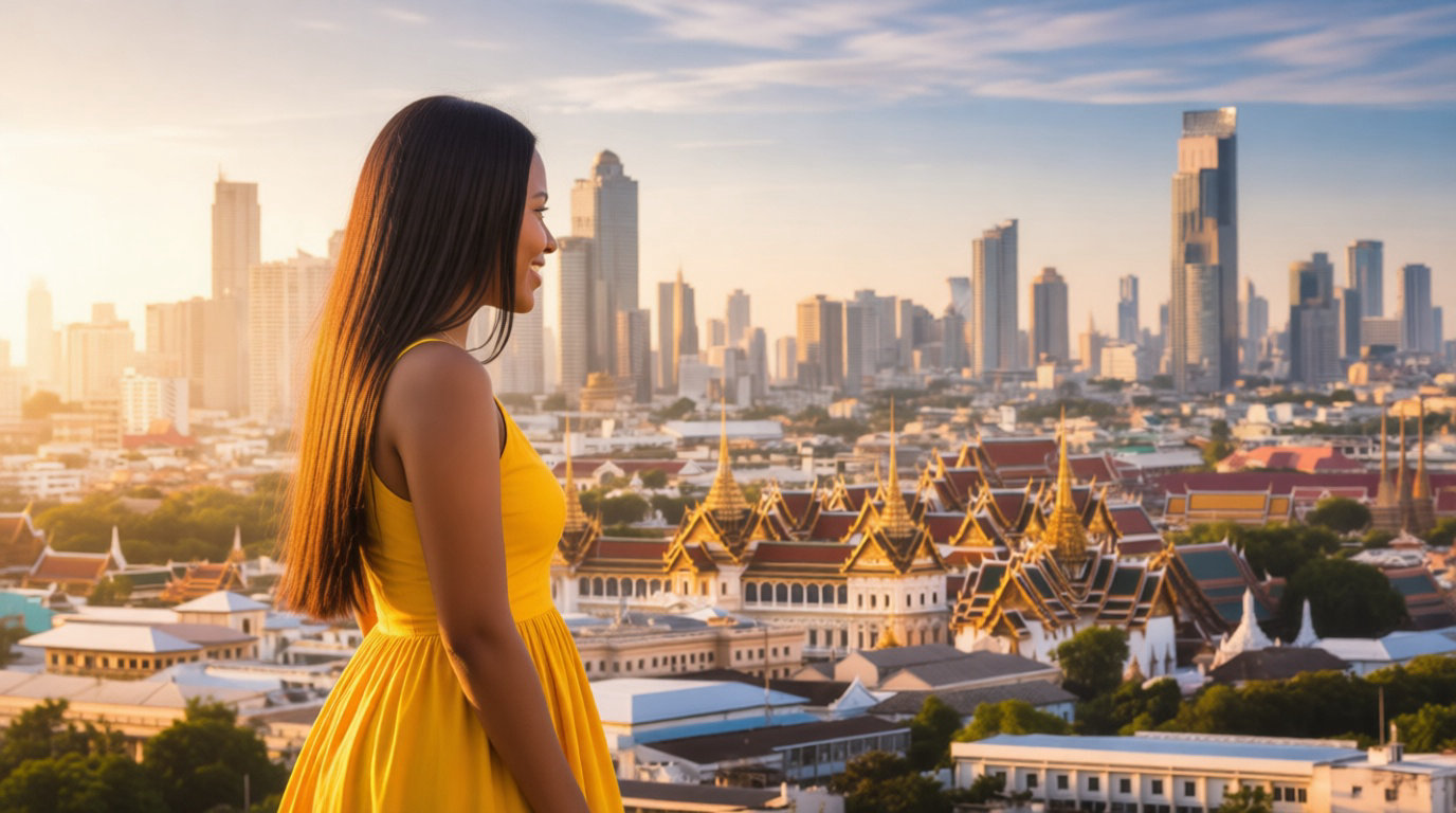 Voyageuse solo à Bangkok au coucher du soleil