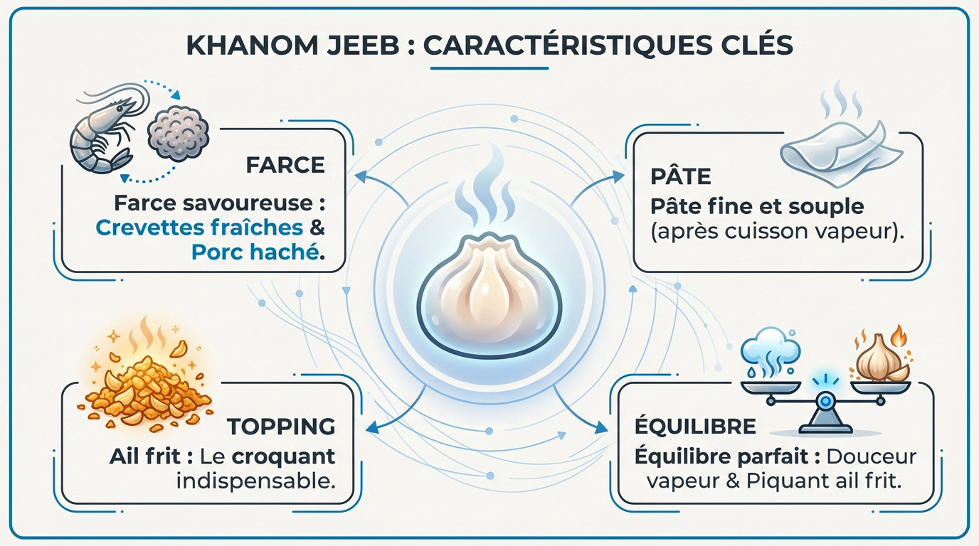 Caractéristiques clés des Khanom Jeeb, raviolis vapeur thaïlandais