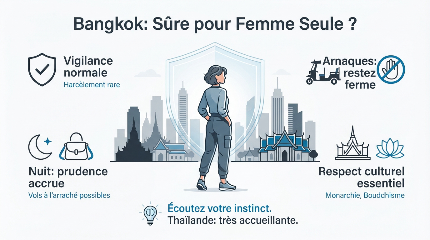 Voyageuse solo devant un temple à Bangkok