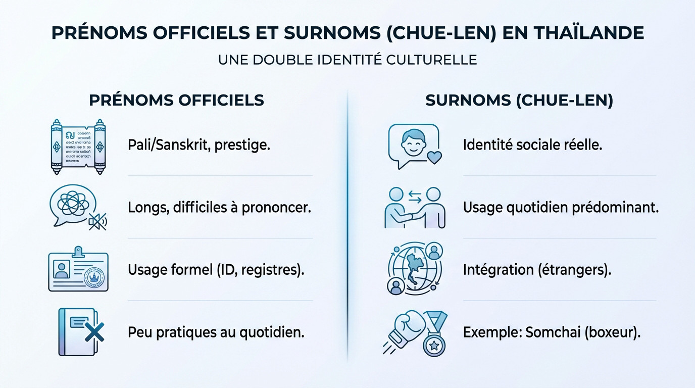 Comparaison entre les longs prénoms officiels thaïlandais et les surnoms courts chue len utilisés au quotidien
