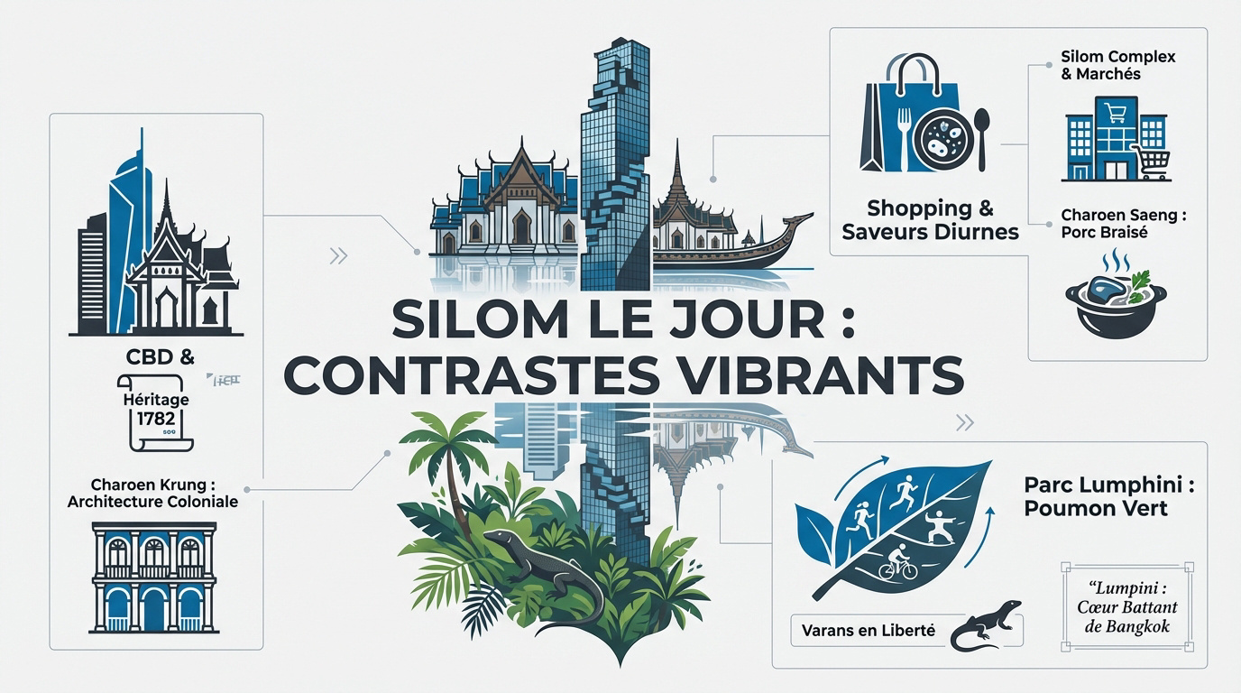 Contrastes entre temples traditionnels et gratte-ciels modernes dans le quartier de Silom à Bangkok