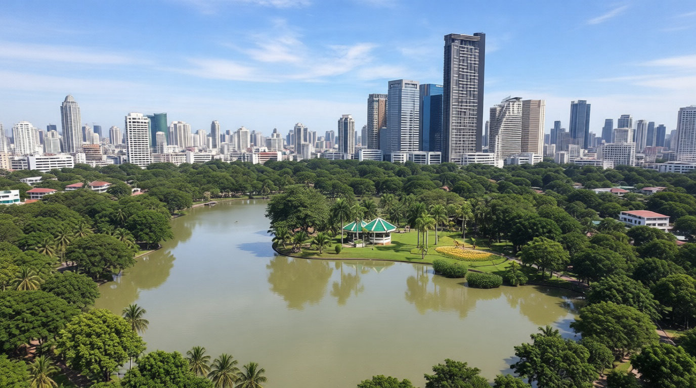 Le parc Chatuchak avec son lac et la skyline de Bangkok