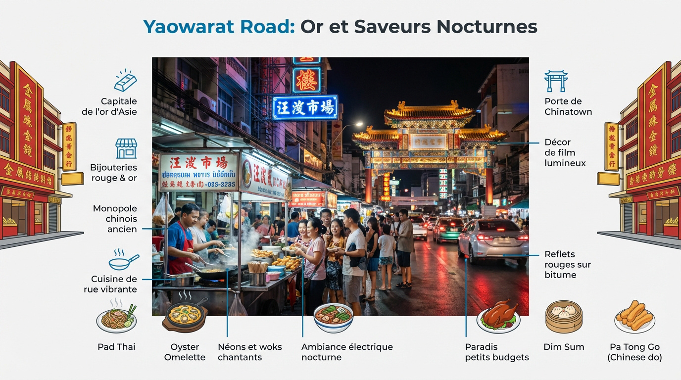 Enseignes lumineuses et étals de street food sur Yaowarat Road à Chinatown Bangkok