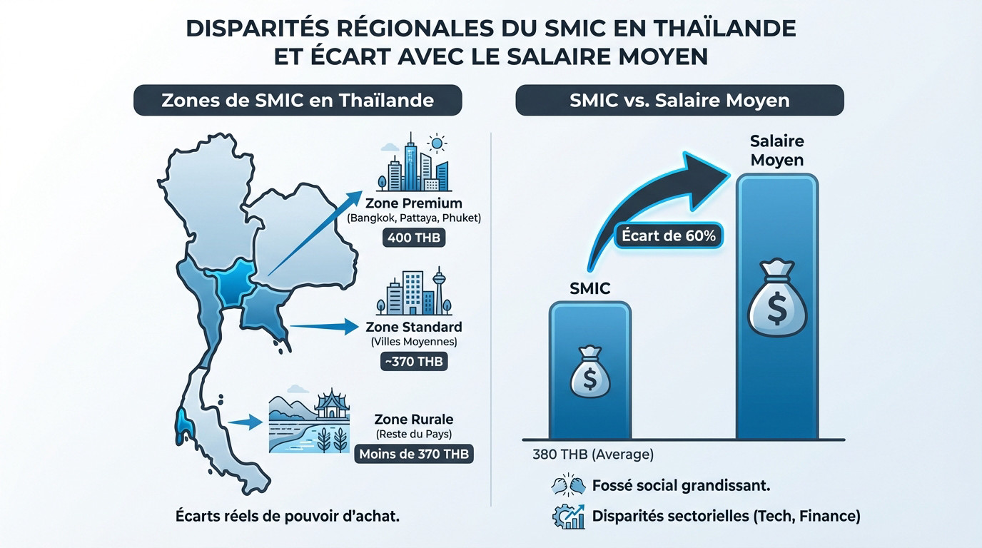 Graphique illustrant les disparités régionales du SMIC et l'écart salarial en Thaïlande en 2026