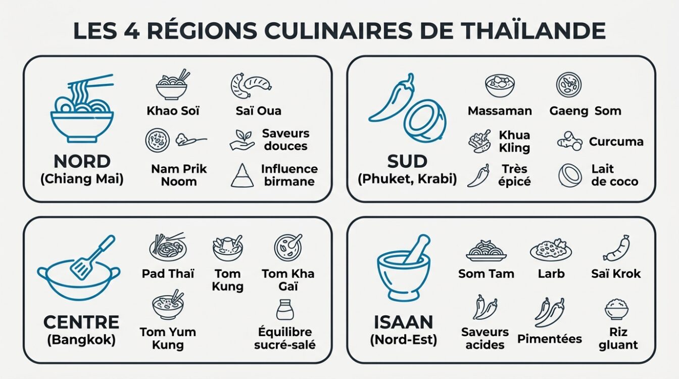 Carte des 4 régions culinaires de Thaïlande avec spécialités par zone