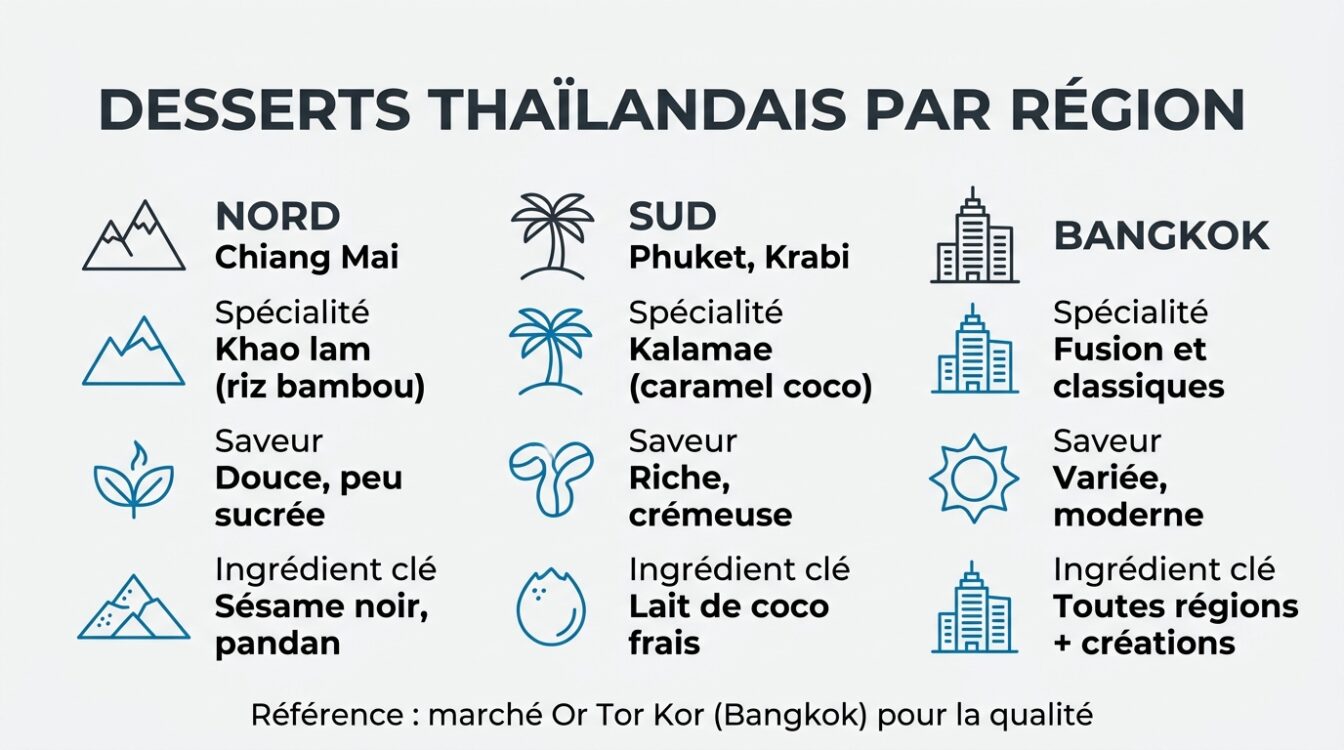 Comparatif des spécialités de desserts thaïlandais par région Nord Sud Bangkok
