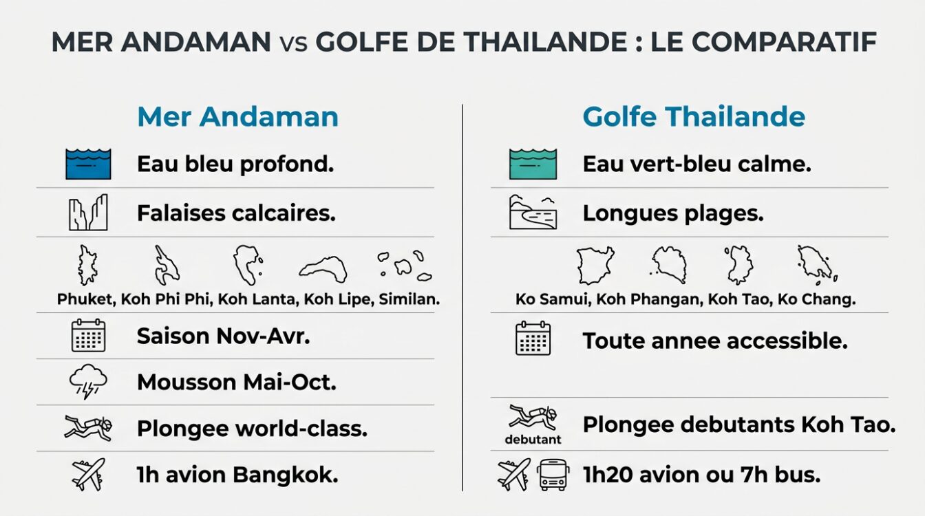 Comparatif mer d'Andaman et golfe de Thailande : eaux, iles, saisons et plongee