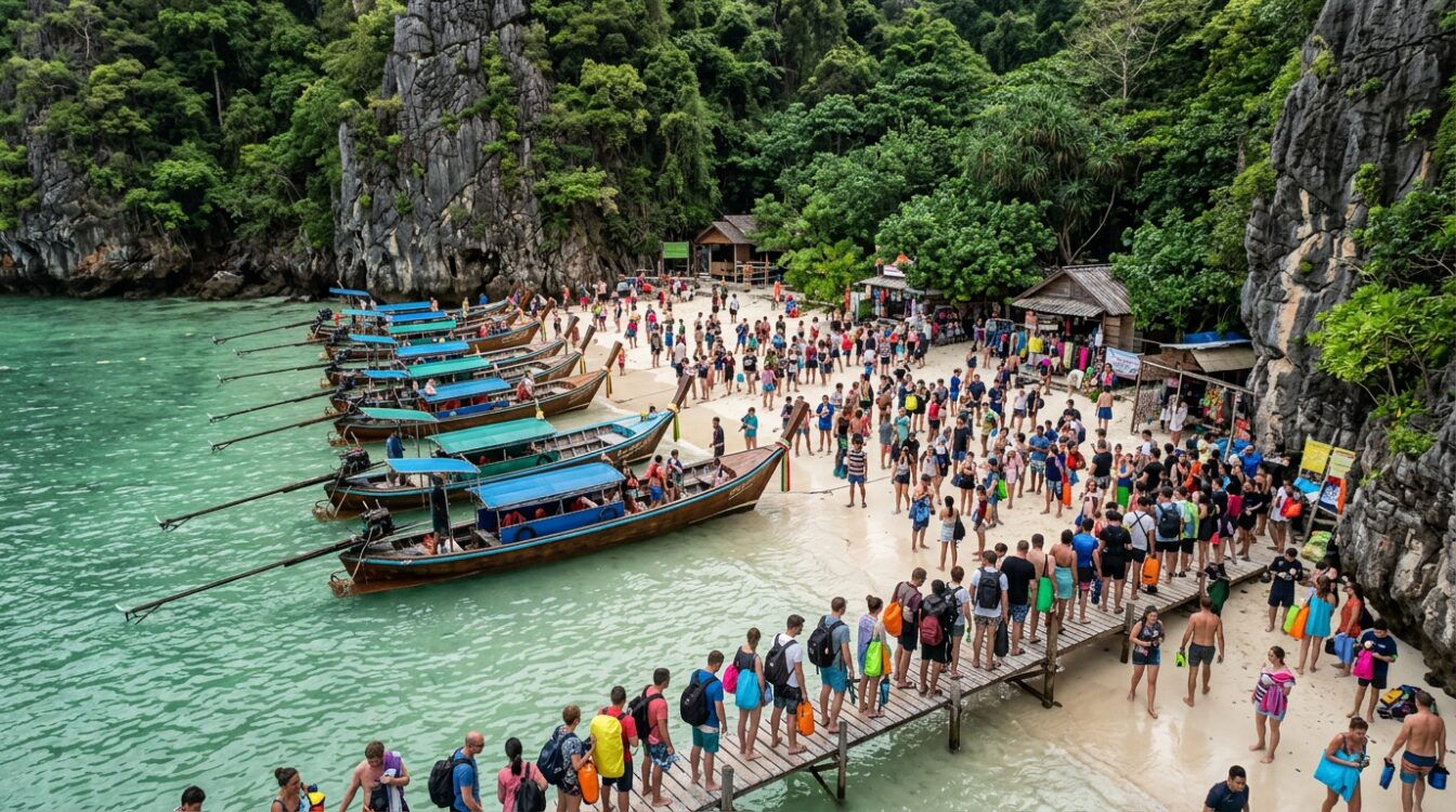 Plage hôtel ao nang haute saison décembre janvier foule longtail boats