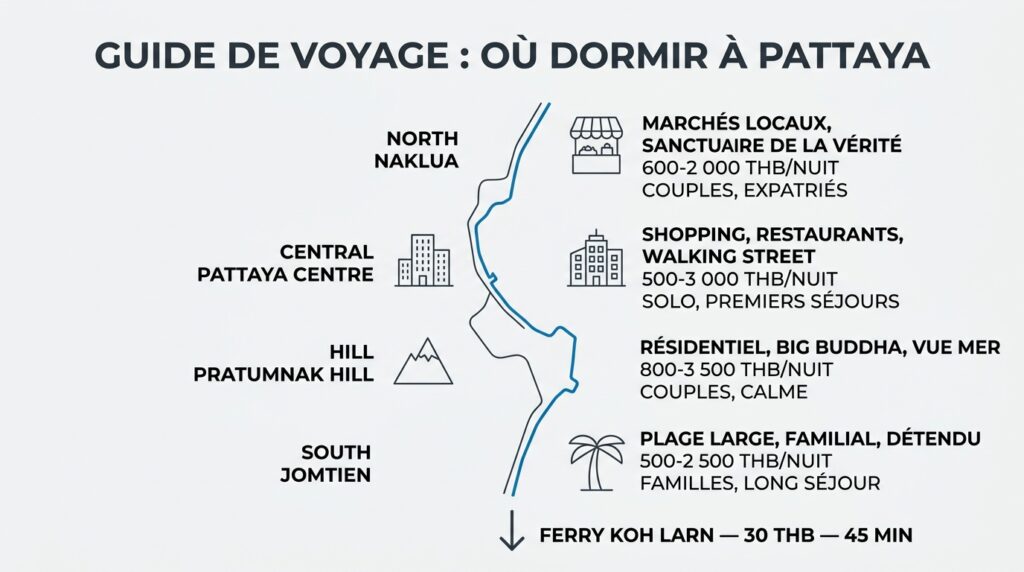 Carte schématique des quatre quartiers de Pattaya avec ambiance et budget par zone