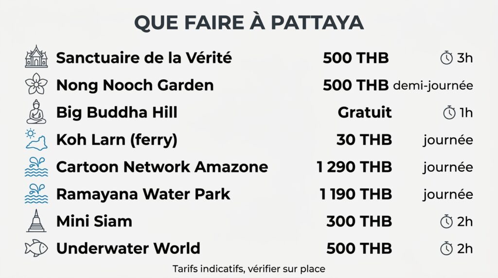 Liste des meilleures activités à Pattaya avec tarifs et durée de visite