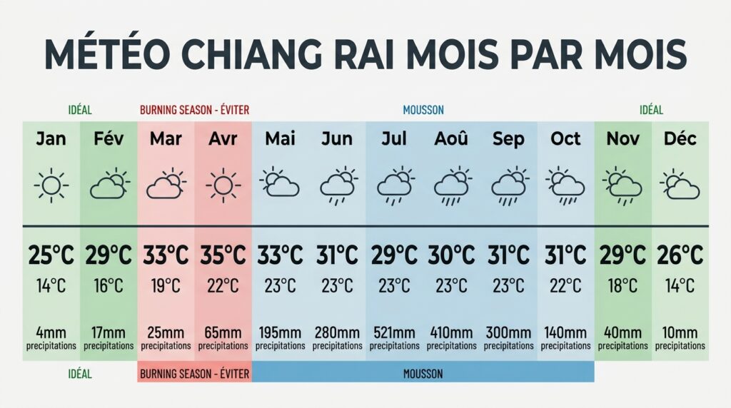 Météo et climat de Chiang Rai mois par mois avec températures et précipitations